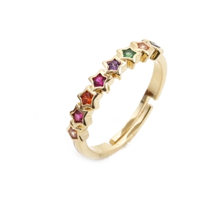 Detailed close-up of golden adjustable ring featuring vibrant star-shaped colored gemstones