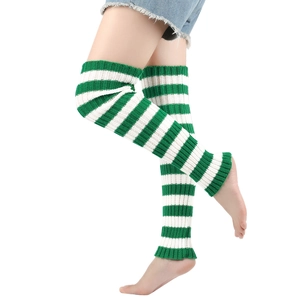 Winter striped knitted leg warmers for girls in green and white ribbed crochet design