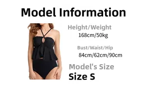 Guide des tailles du bikini noir à volants avec mannequin de 168cm et détails taille S