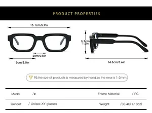 Detailed size chart for black square frames with precise frame and temple measurements