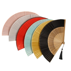 Set of six colorful silk folding fans with bamboo ribs and elegant tassel detail