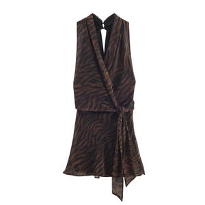 Robe Midi Imprimé Tigre Pour Femmes Dos Nu Sans Manches Portefeuille Polyester Mousseline Mode Sexy