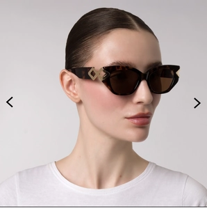 Detail of tortoiseshell cat-eye sunglasses with gold geometric metal trim on temple