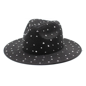 Women Summer Straw Fedora Hat Wide Brim Panama Sun Cap With Rhinestone Rivet Decor Beach Holiday Jazz Style Breathable