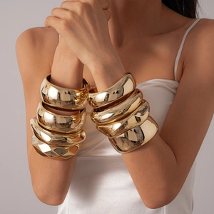 Chunky Bangle Bracelet For Women Gold Metallic Finish Acrylic Geometric Square Round Irregular Statement Cuff Jewelry