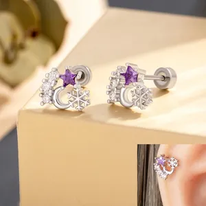 Purple Star Crescent Moon Snowflake Cartilage Stud Copper With Stainless Steel Earring Post Zircon Helix Piercing Jewelry