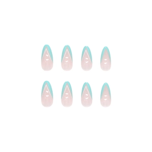 Almond-shaped press-on nails with light blue French tips and white V-shape accents