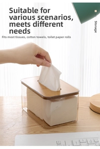 Close-up of minimalist transparent tissue box with bamboo lid during use in home setting