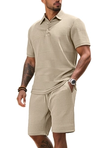 Detail of khaki waffle knit texture on men's summer short sleeve polo and shorts set