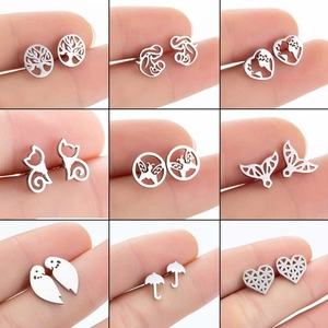 Stainless Steel Stud Earrings Hollow Butterfly Heart Tree Of Life Whale Tail Elephant Umbrella Minimalist Jewelry For Women