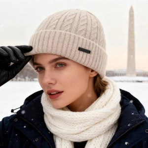 Winter cable knit beanie with scarf and leather gloves set for outdoor warmth