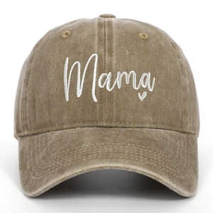 Close-up of white Mama embroidery and small heart on khaki washed cotton baseball cap