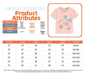 Detailed size chart for kids cartoon t-shirt with length and chest measurements in cm