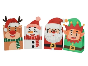 Detailed view of four Christmas gift boxes featuring reindeer, snowman and Santa Claus designs