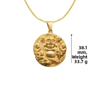 Detailed view of gold laughing buddha pendant, 38.1mm diameter and 33.7g weight