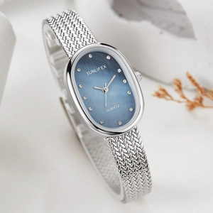 Elegant oval quartz watch for women with blue gradient dial and silver mesh strap