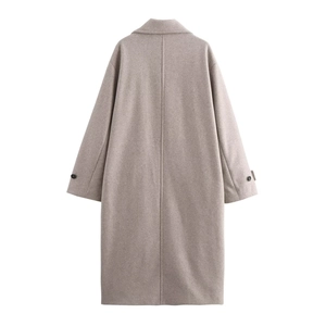 Detail view of khaki wool coat back featuring lapel collar and buttons on sleeve
