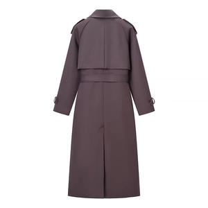 Classic purple trench coat for women with stylish lapel and waist belt, back view