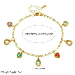 Detailed view of 17+4cm gold bracelet with multi-color heart and teardrop charms