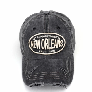 Vintage washed dark grey baseball cap with distressed brim and let the good times roll embroidery