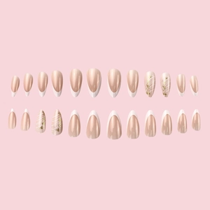 24pcs pink and white French almond press on nails with gold foil and line art accents