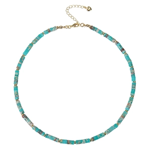 Detail of turquoise beaded necklace with golden heart pendant and adjustable metal clasp