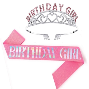 Detail of pink rhinestone silver tiara and glitter birthday girl sash set for parties