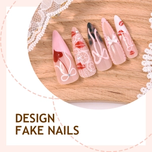 French lace press-on nails with red lip prints, hearts, and 3D bows for Valentine's Day