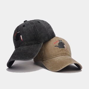 Vintage washed cotton baseball caps in charcoal and khaki with funny cat embroidery