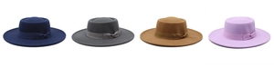 Flat top felt boater hats with ribbon in navy, camel, purple, and grey colors