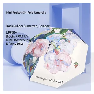 Miniature 6-fold umbrella with floral pattern and UV protection for sun and rain