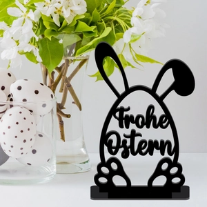 Black Easter egg bunny acrylic table decoration featuring Frohe Ostern hollow carving