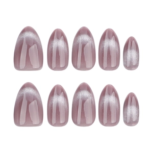 French style grey almond cat-eye press-on nails set with shimmering glitter finish