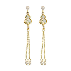 Elegant gold tassel earrings with pearl studs, gourd pendants, and pink floral details