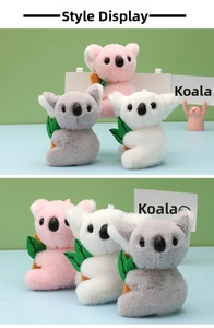 Detail of plush koala keychains in pink, grey and white colors with bamboo leaves