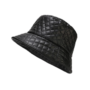 Stylish black quilted PU leather bucket hat with classic diamond pattern for women