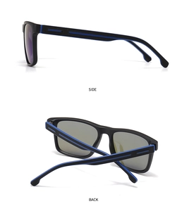 Side and back views of matte black TR sunglasses with blue accent lines on temples