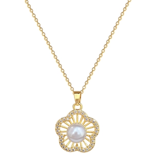 Elegant gold titanium flower necklace with large pearl and micro-inlaid zircons