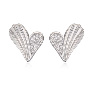 Exquisite silver heart stud earrings with asymmetric zircon inlay and leaf vein texture