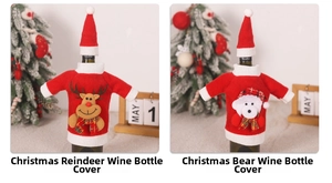 Detailed view of reindeer and bear Christmas wine bottle covers with mini hats