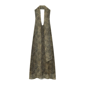 Modisches Maxikleid mit Leopardenmuster und Halfter-Schalkragen aus leichtem Chiffon