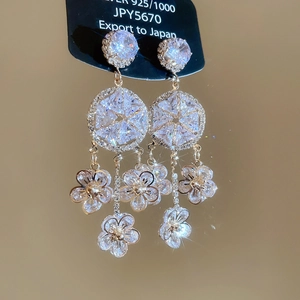Detailed view of silver flower tassel earrings featuring zirconia stones and 925 silver studs