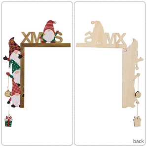 Front and back view of wooden Christmas gnome door frame decoration with XMAS text