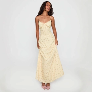 French style yellow floral maxi dress with slim fit drawstring bust and thin straps
