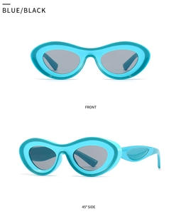 Front and 45-degree side view of modern oval blue sunglasses with curved temples