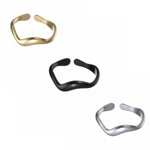 Minimalist stainless steel wave rings in gold, black, and silver finishes with open band
