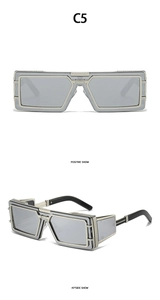 Macro detail of futuristic rectangle silver metal sunglasses with grey lenses in C5 style