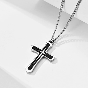 Mens 316L stainless steel two-tone cross pendant necklace with a diamond center