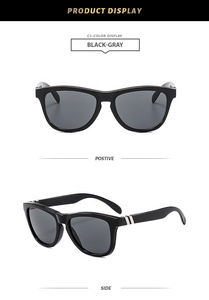 Classic black square frame sunglasses with dark gray lenses and silver metal details