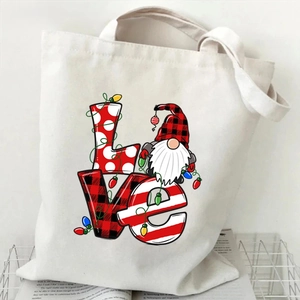 Christmas gnome and penguin print canvas tote bag with LOVE lettering and festive lights